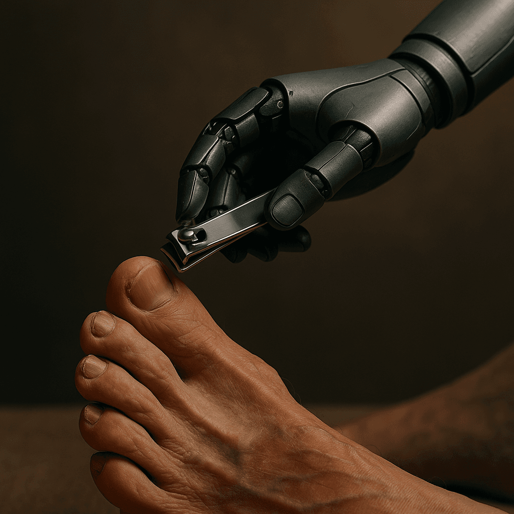 A robotic hand holding nail clippers over a fading human foot
